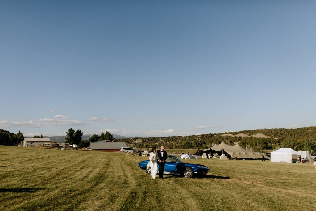 Durango Wedding Tent with corvette Durango Stretch Tent wedding with Blue Corvette