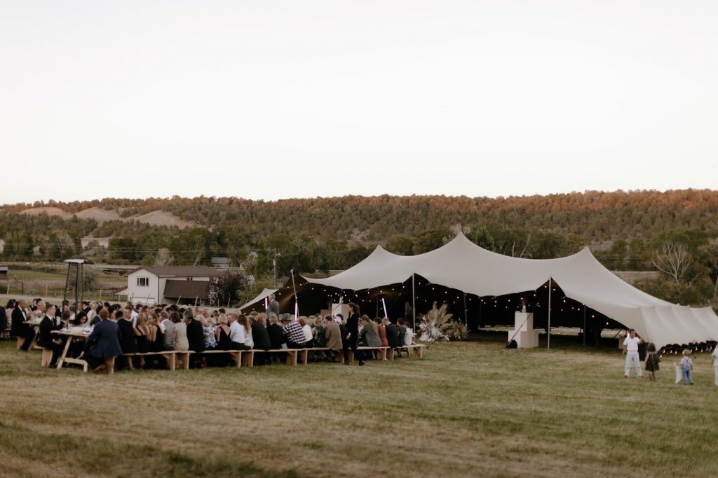 Durango-wedding-tent-reception-chino Durango Stretch Tent tables and benches for wedding reception