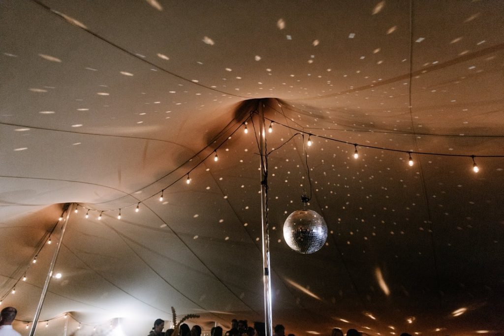 Durango-wedding-tent-with-disco-ball Disco Ball in Stretch Tent