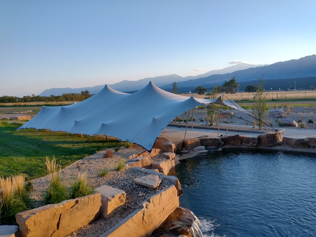 Ent-FCU-Ribbon-Cutting-Water-Feature-Tent-View Stretch Tent Pitch at the ENT HQ in Colorado Springs