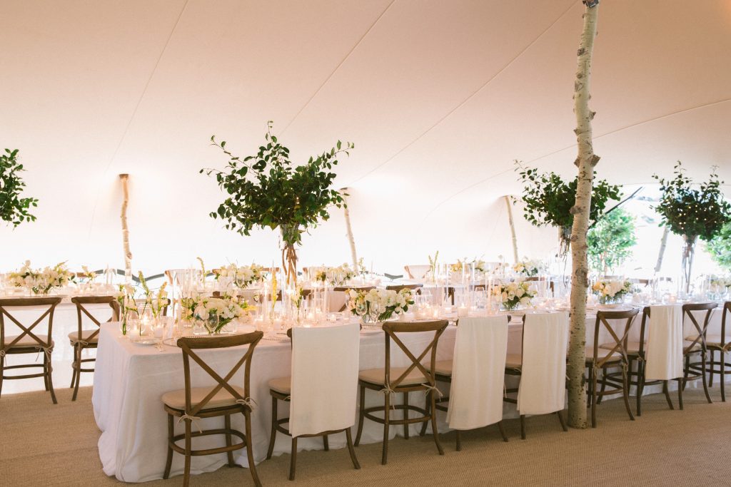 Catherine Meadcatherine@catherinemead.com Wedding Tent place settings with green garland