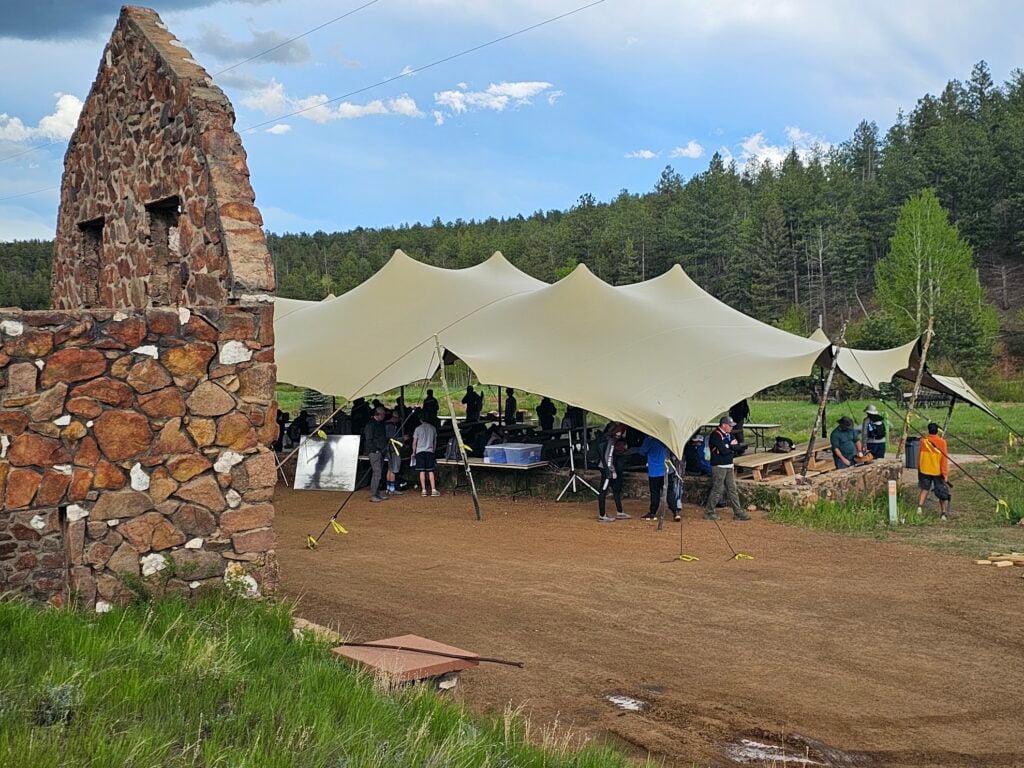 West Creek Tent Rental4 Stone Barn Ruins with Chino Stretch Tent